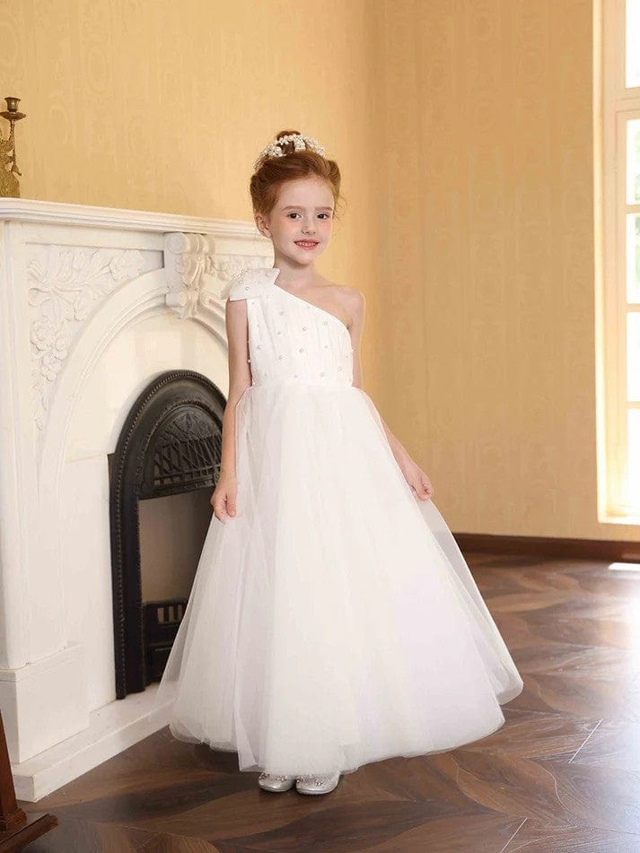Sunnypetal Elegant One Shoulder Bow Ankle-Length Flower Girl Dresses
