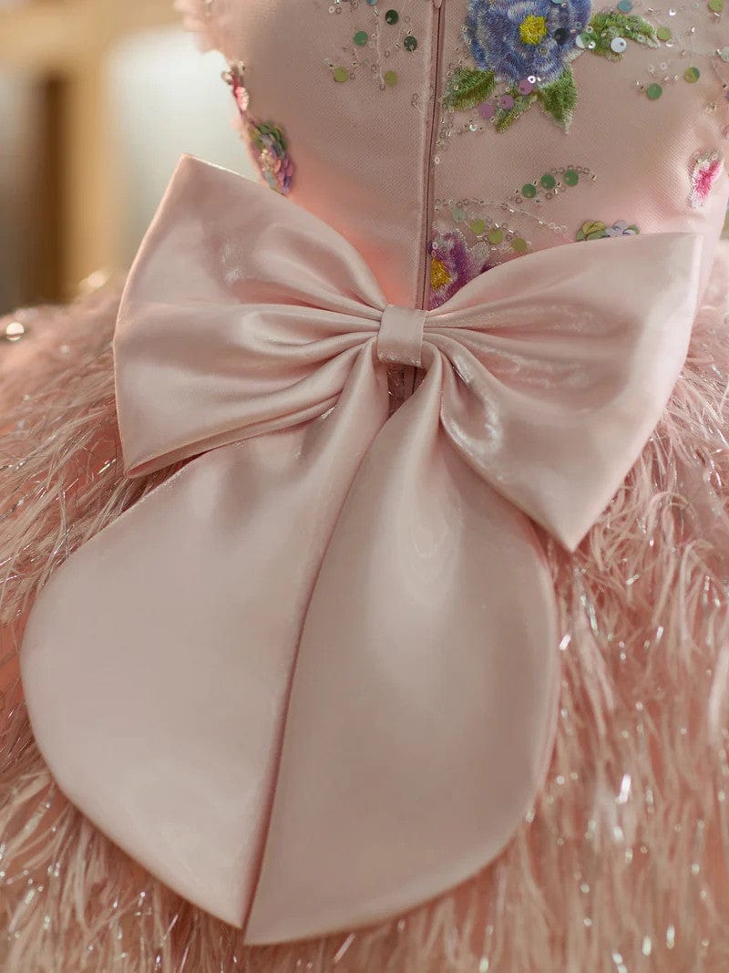 Sunnypetal Elegant Pink Feathers Flower Girl Dresses for Princess Wedding Birthday