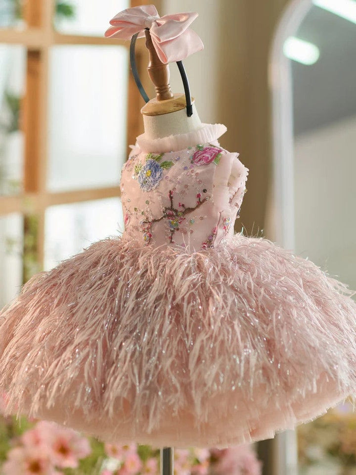 Sunnypetal Elegant Pink Feathers Flower Girl Dresses for Princess Wedding Birthday