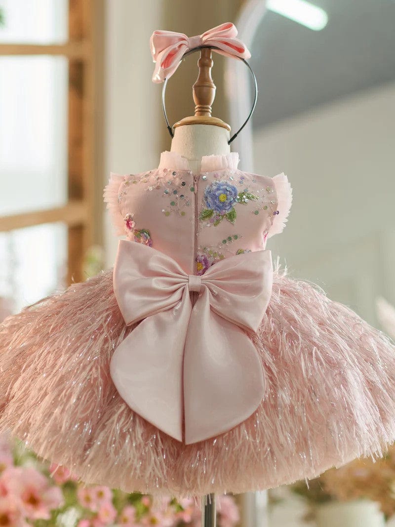 Sunnypetal Elegant Pink Feathers Flower Girl Dresses for Princess Wedding Birthday