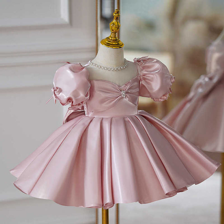 Sunnypetal Elegant Pink Puff Sleeves Satin Flower Girl Dresses