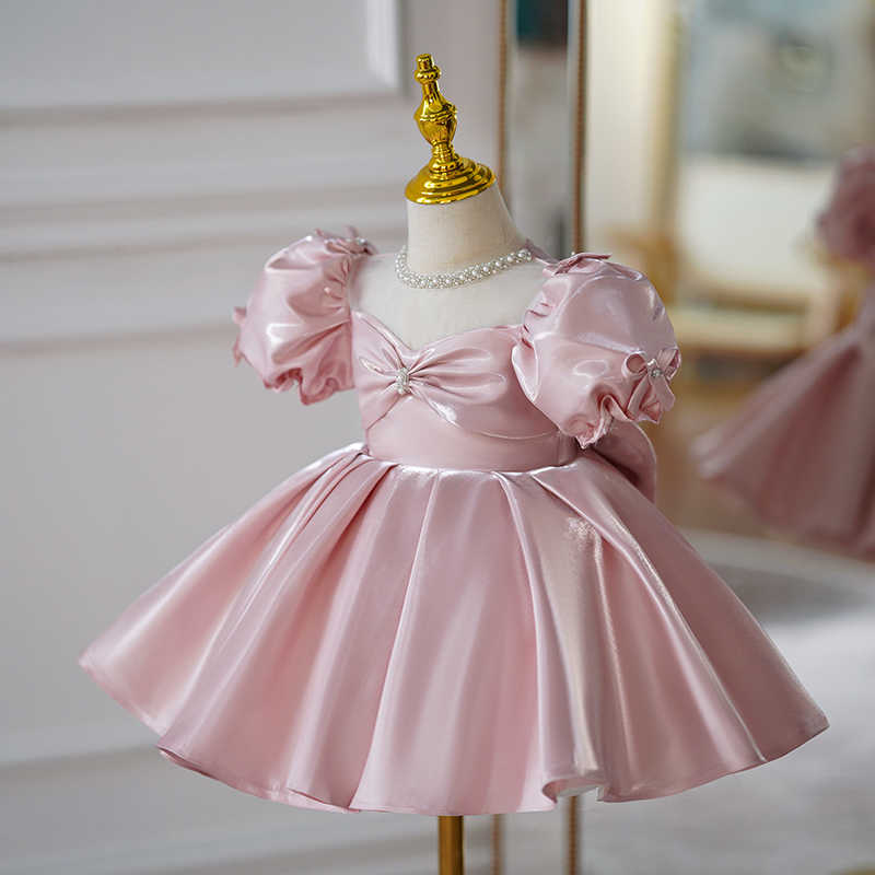 Sunnypetal Elegant Pink Puff Sleeves Satin Flower Girl Dresses