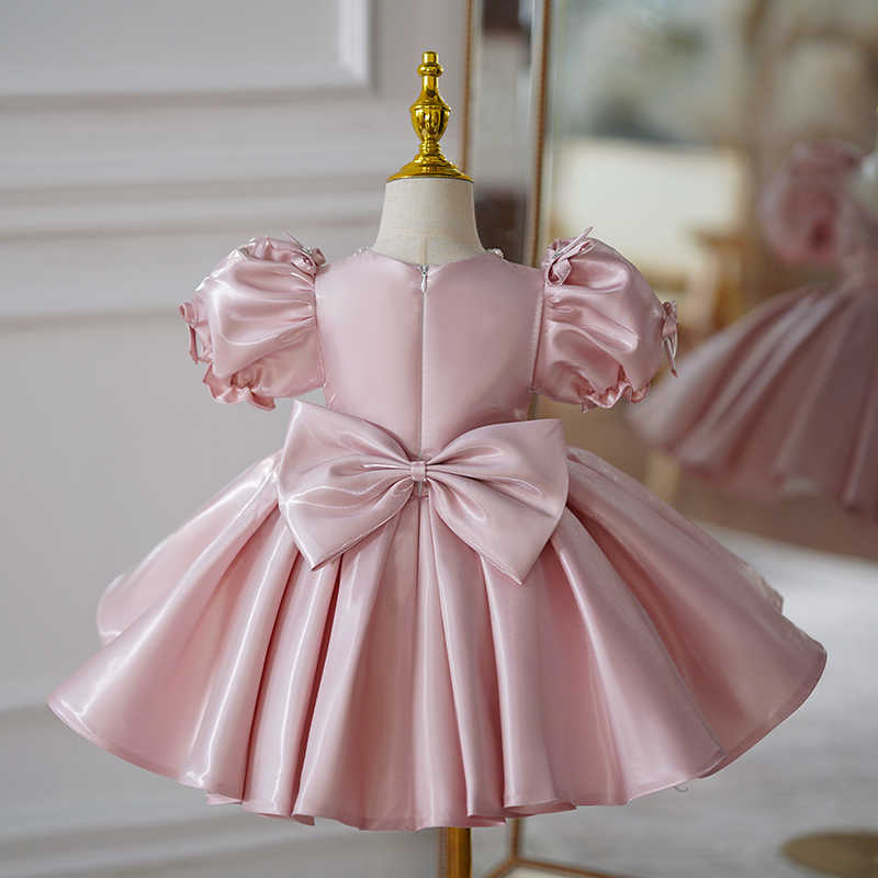 Sunnypetal Elegant Pink Puff Sleeves Satin Flower Girl Dresses