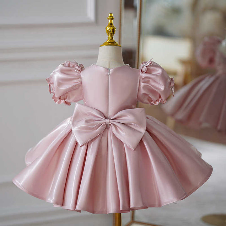Sunnypetal Elegant Pink Puff Sleeves Satin Flower Girl Dresses
