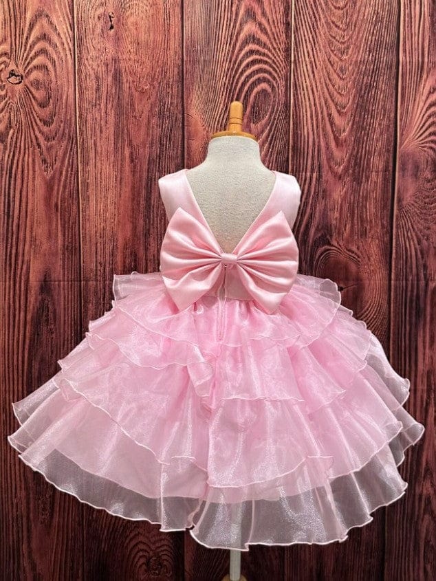Sunnypetal Elegant Pink Ruffle Tulle Flower Girl Dress with Bow