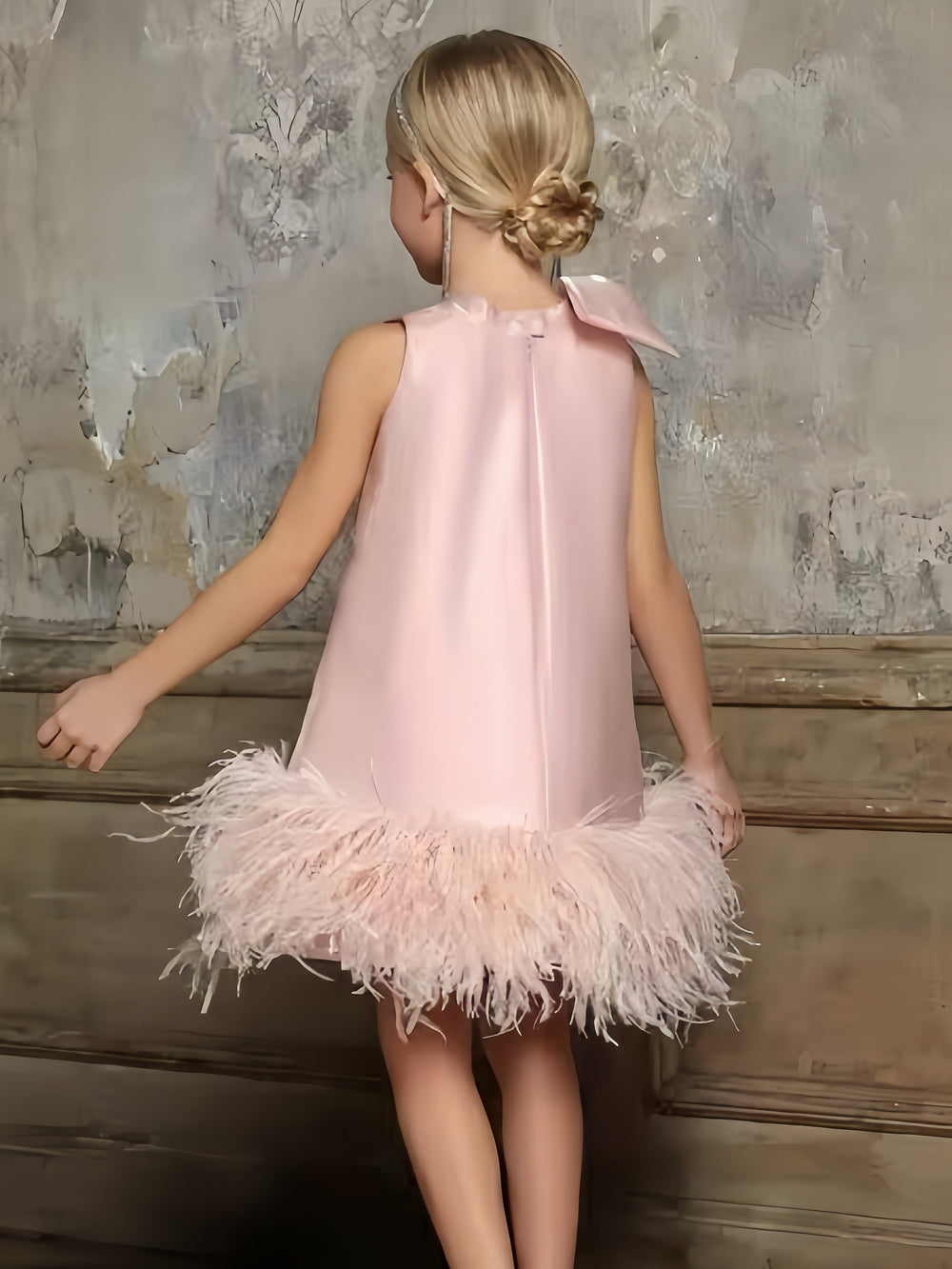 Sunnypetal Elegant Pink Satin Sleeveless Flower Girl Dress with Feathers & Bow