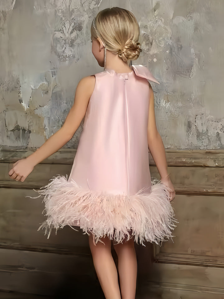 Sunnypetal Elegant Pink Satin Sleeveless Flower Girl Dress with Feathers & Bow