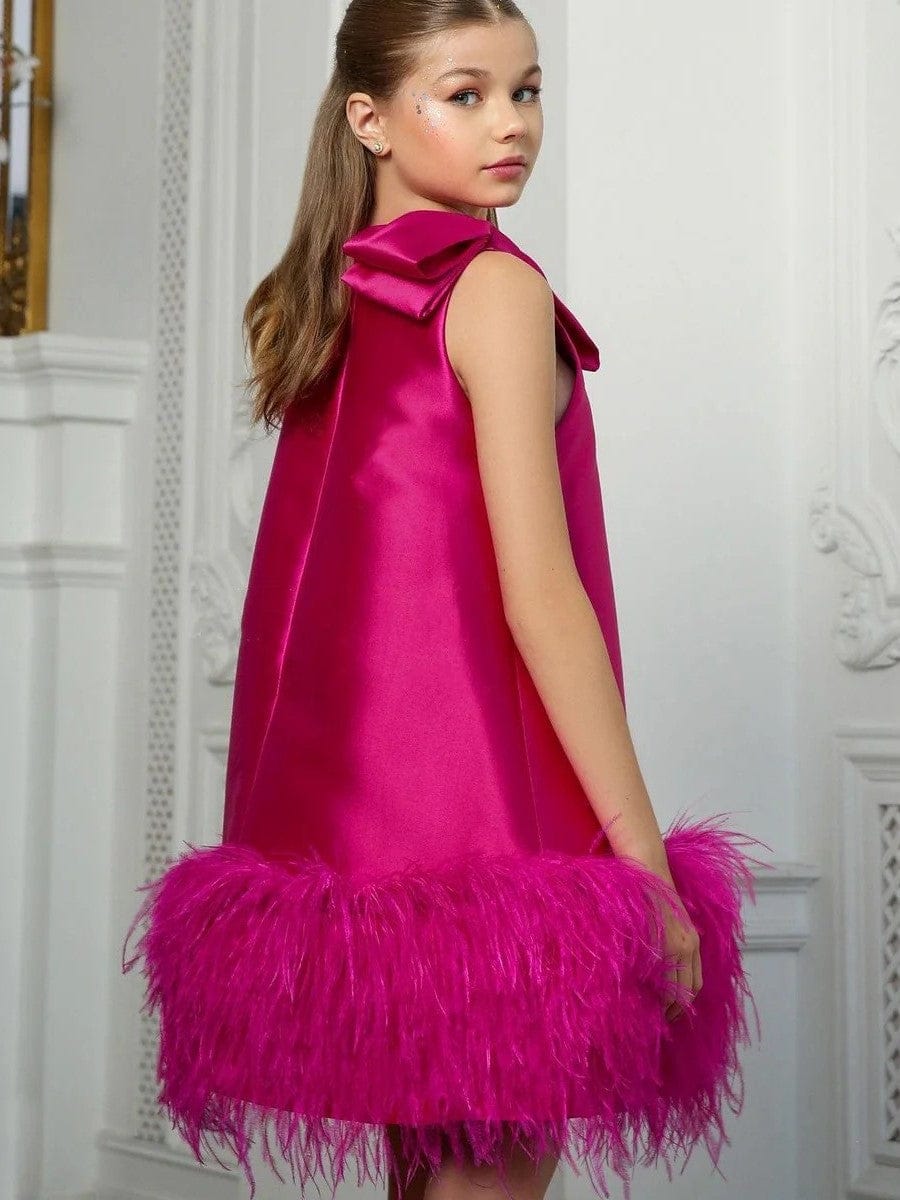 Sunnypetal Elegant Pink Satin Sleeveless Flower Girl Dress with Feathers & Bow