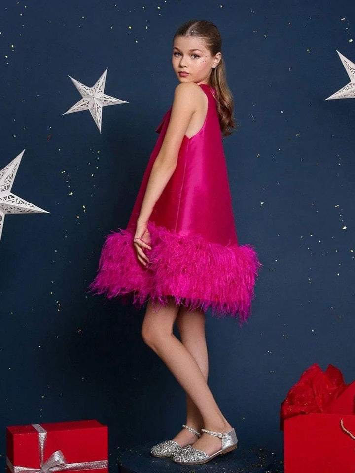 Sunnypetal Elegant Pink Satin Sleeveless Flower Girl Dress with Feathers & Bow