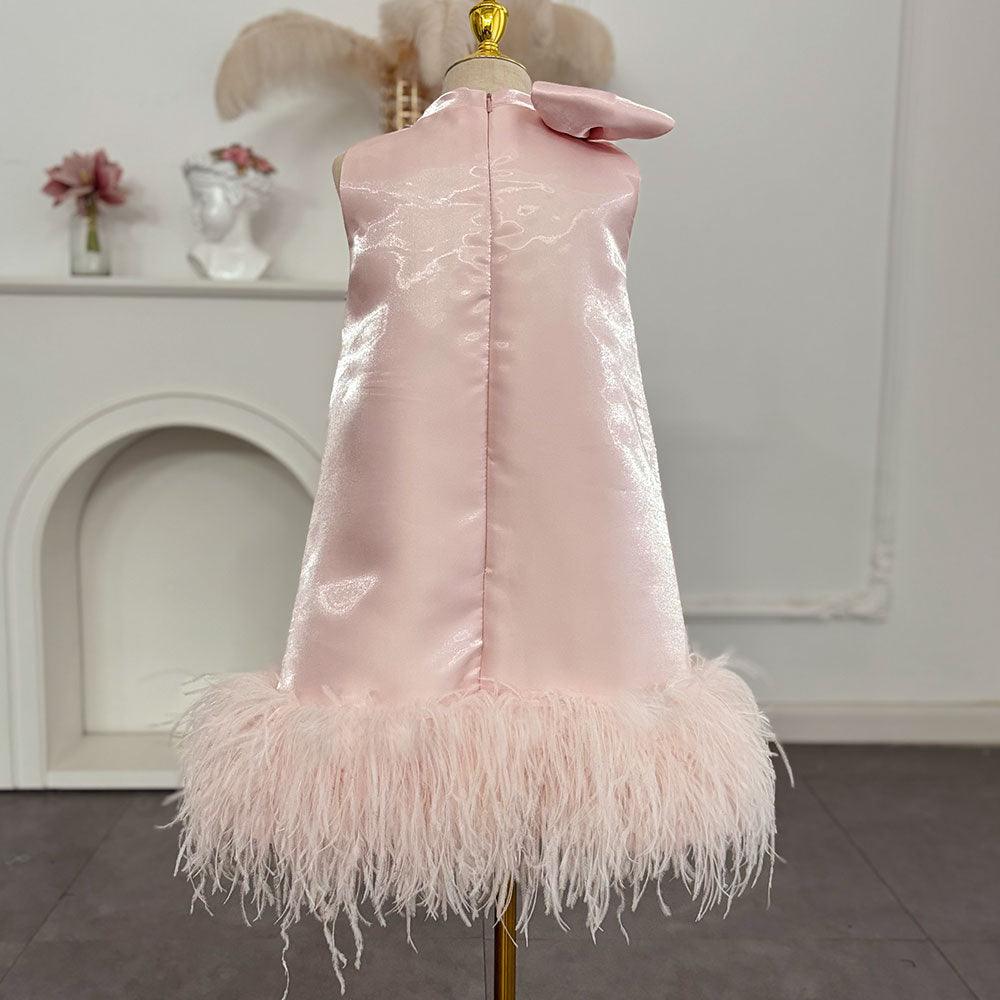 Sunnypetal Elegant Pink Satin Sleeveless Flower Girl Dress with Feathers & Bow