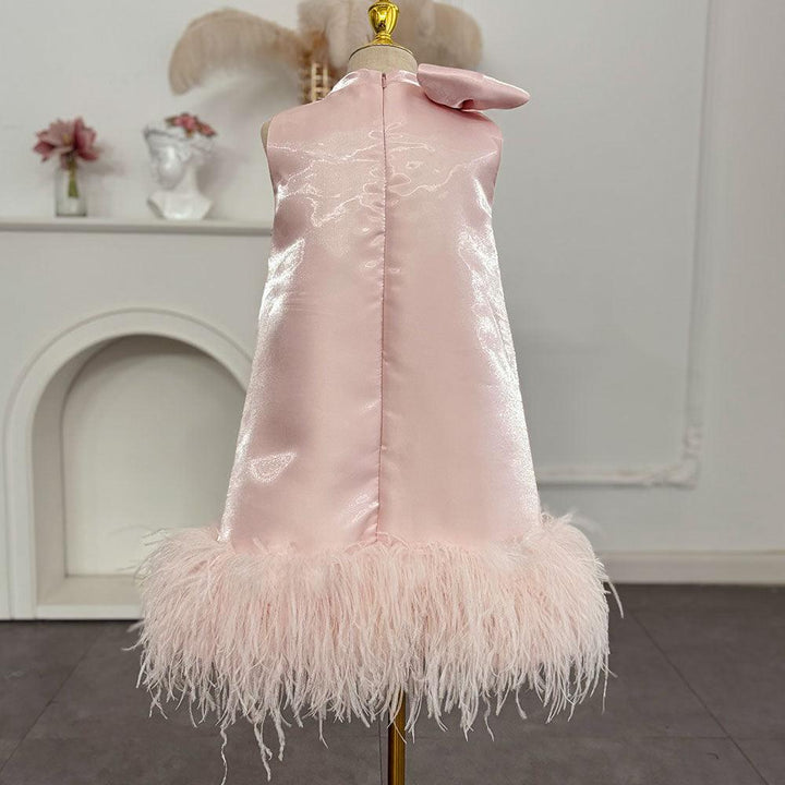 Sunnypetal Elegant Pink Satin Sleeveless Flower Girl Dress with Feathers & Bow