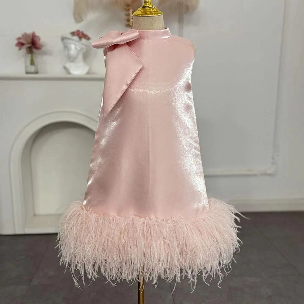 Sunnypetal Elegant Pink Satin Sleeveless Flower Girl Dress with Feathers & Bow