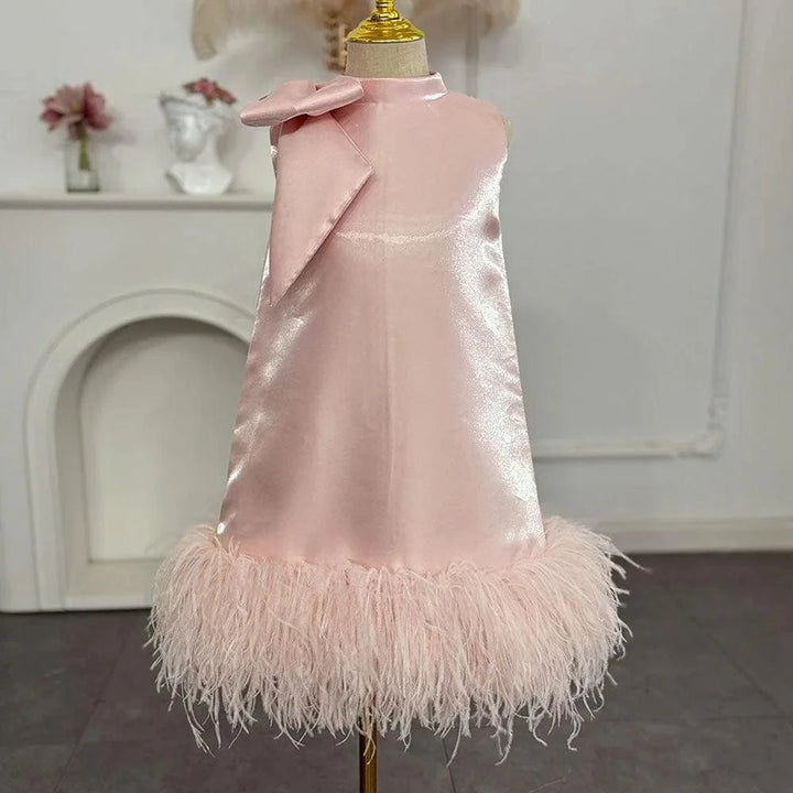 Sunnypetal Elegant Pink Satin Sleeveless Flower Girl Dress with Feathers & Bow
