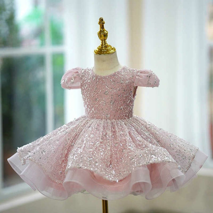 Sunnypetal Elegant Pink Sequin Formal Dress Birthday Party Princess Flower Girl Gown