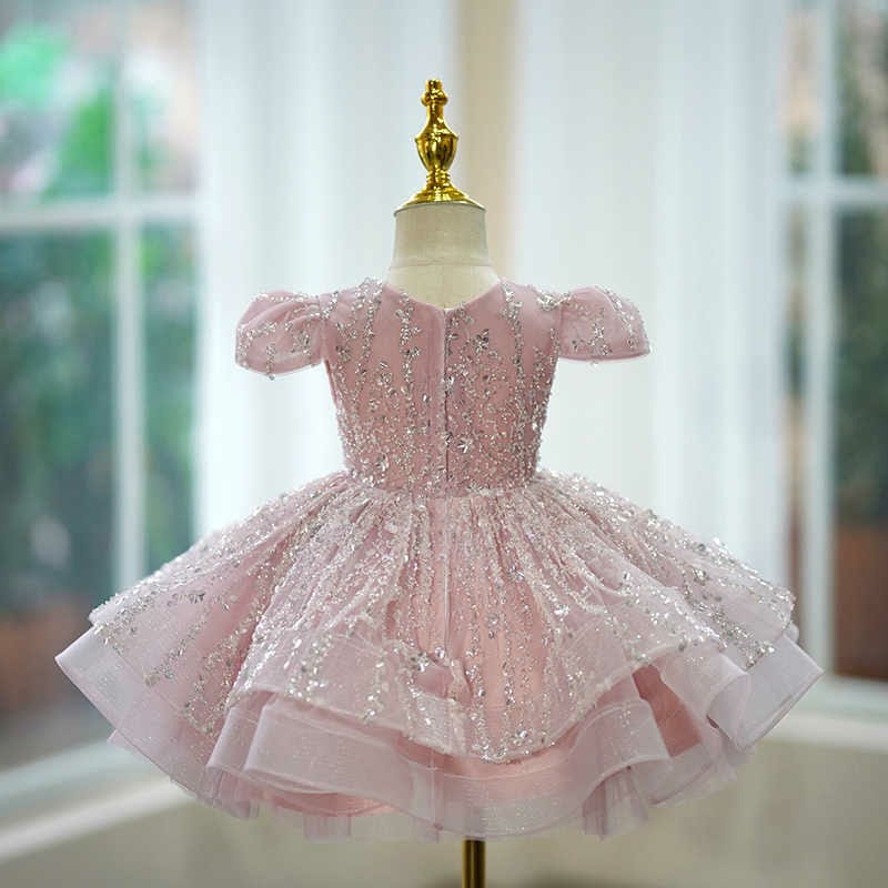 Sunnypetal Elegant Pink Sequin Formal Dress Birthday Party Princess Flower Girl Gown