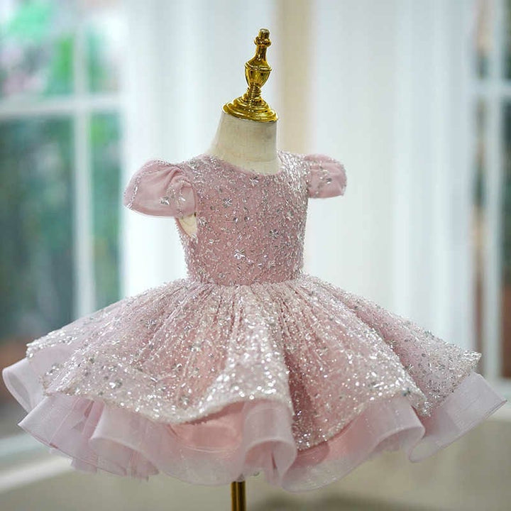 Sunnypetal Elegant Pink Sequin Formal Dress Birthday Party Princess Flower Girl Gown
