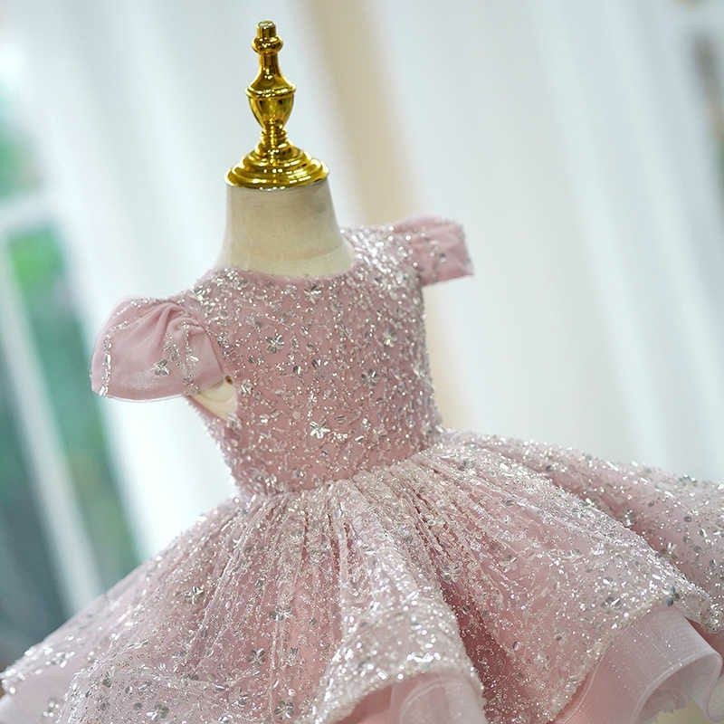 Sunnypetal Elegant Pink Sequin Formal Dress Birthday Party Princess Flower Girl Gown
