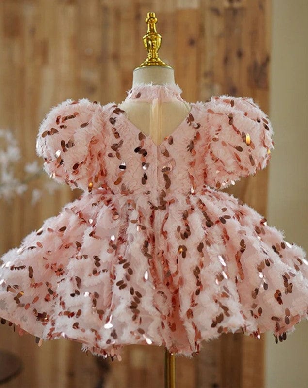 Sunnypetal Elegant Pink Sequined Puffy Princess Dress Toddler Baby Girls Dresss