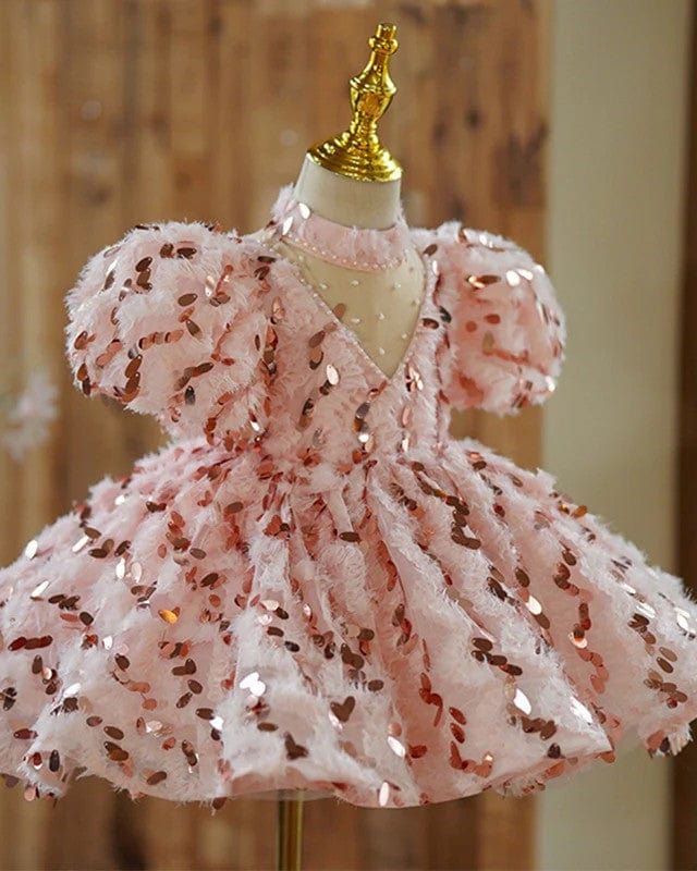 Sunnypetal Elegant Pink Sequined Puffy Princess Dress Toddler Baby Girls Dresss