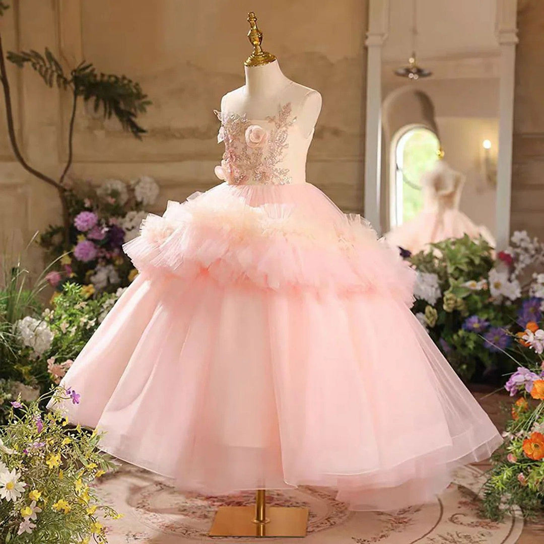 Sunnypetal Elegant Pink Tulle Sleeveless Floor-Length Flower Girl Dress