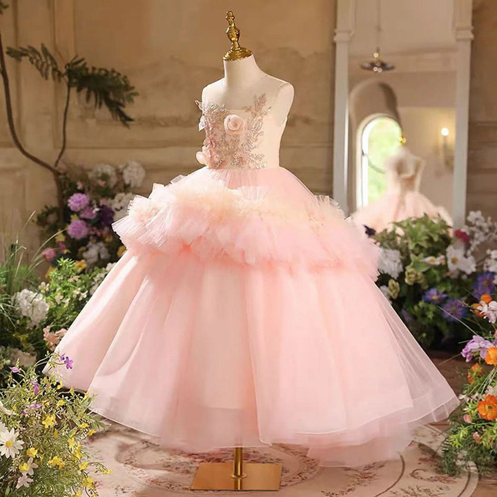 Sunnypetal Elegant Pink Tulle Sleeveless Floor-Length Flower Girl Dress