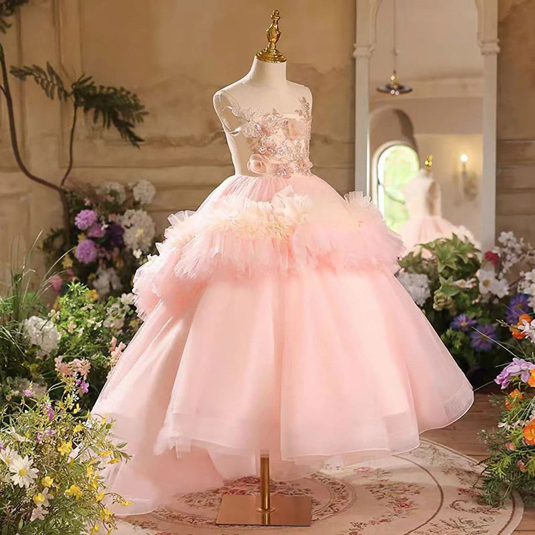 Sunnypetal Elegant Pink Tulle Sleeveless Floor-Length Flower Girl Dress