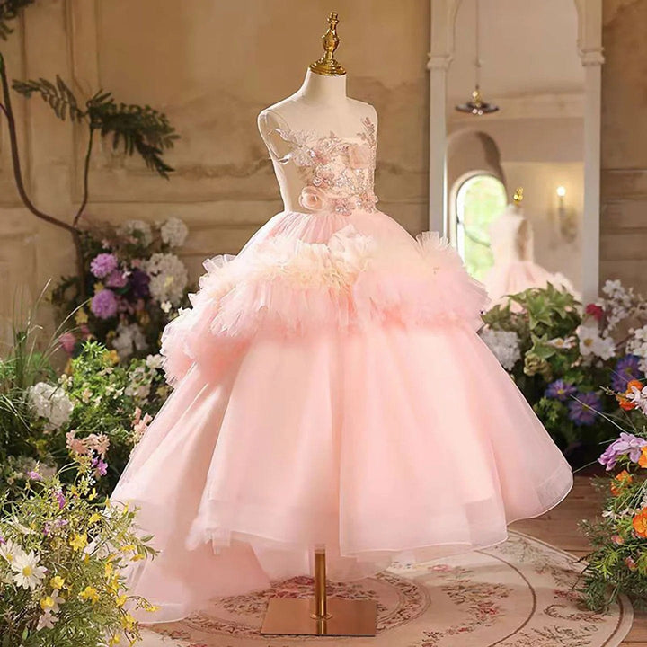 Sunnypetal Elegant Pink Tulle Sleeveless Floor-Length Flower Girl Dress