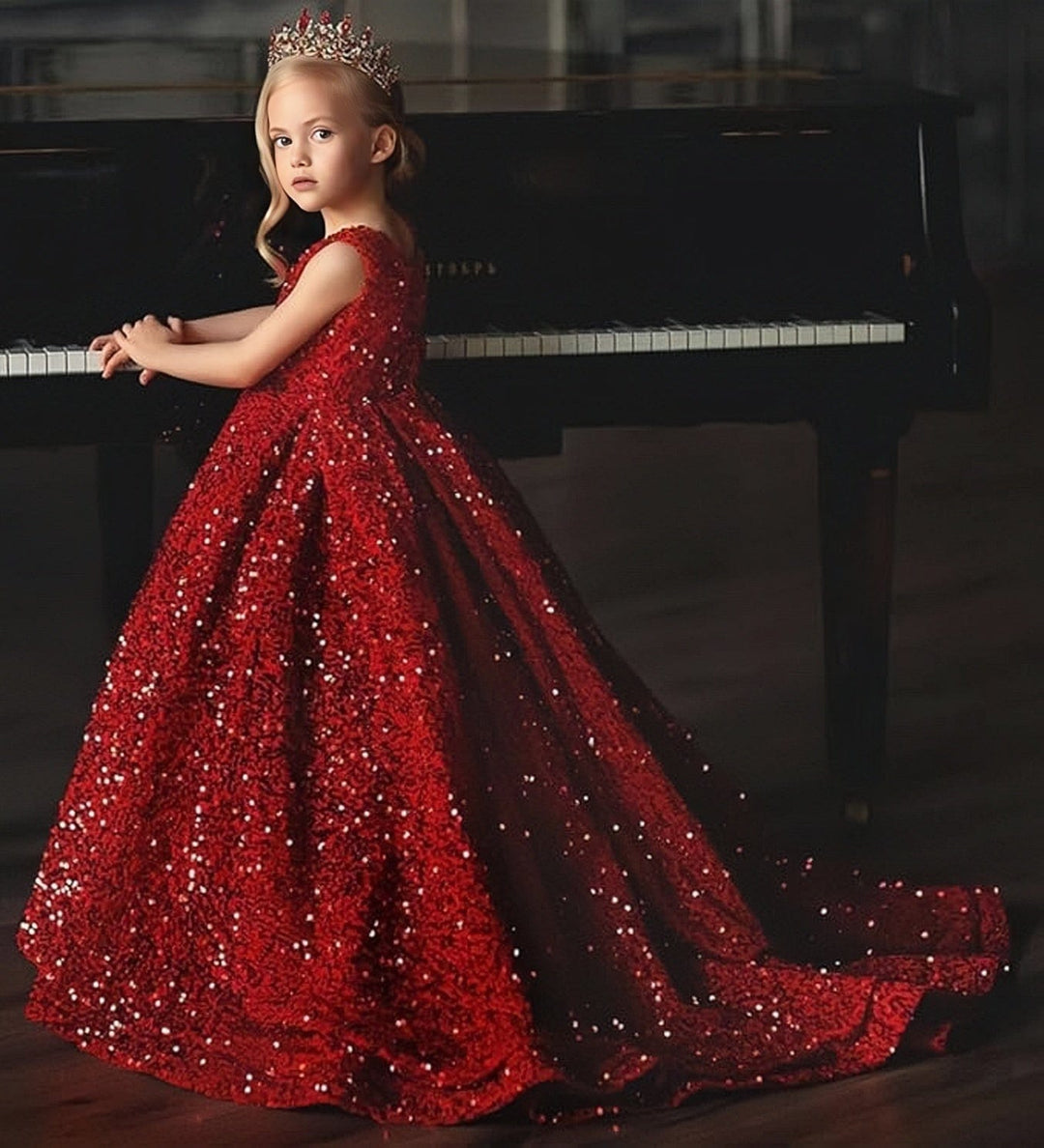 Sunnypetal Elegant Princess Flower Girl Dress with Sparkling Sequins and Flowing Train