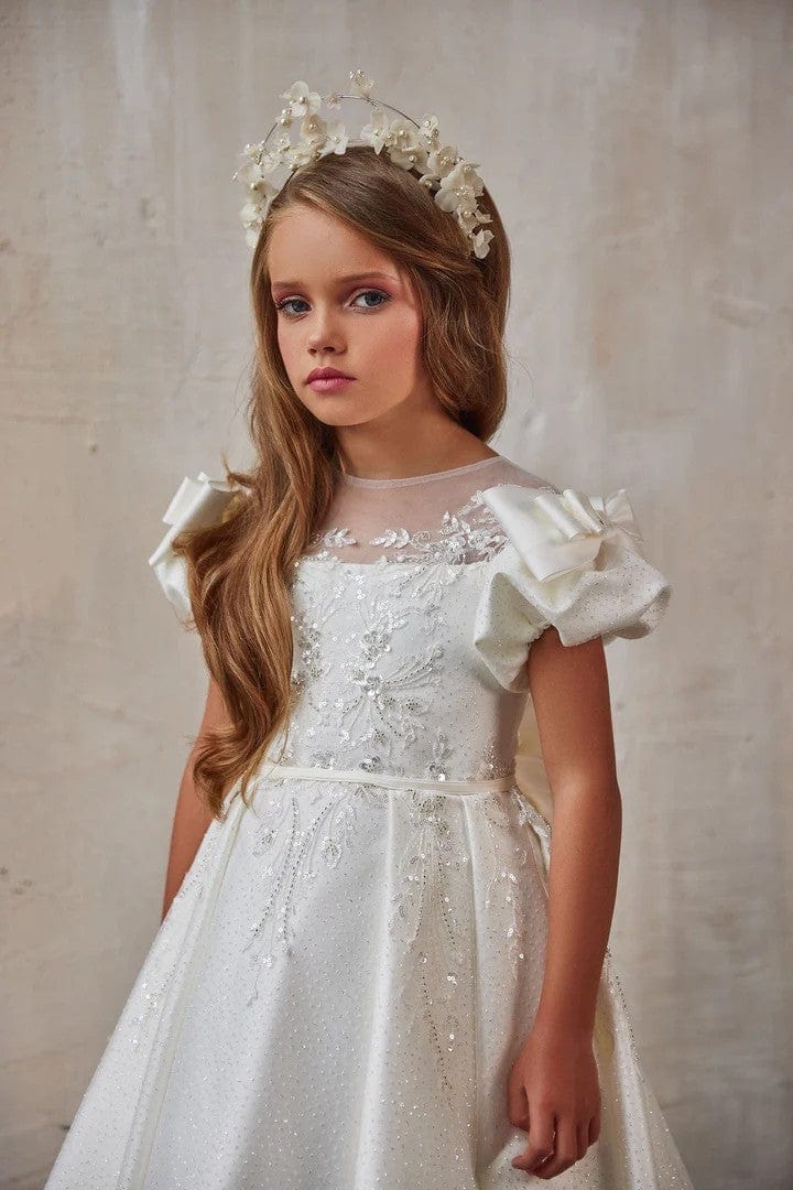 Sunnypetal Elegant Puff Sleeves Bow-Embellished Flower Girl Dress with Sparkling Beads