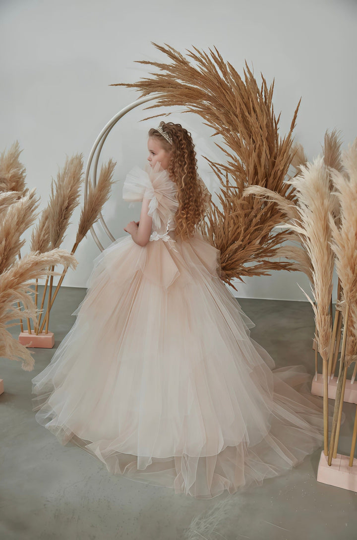 Sunnypetal Elegant Puffy Sleeves Flower Girl Dress Layered Tulle Fairy Princess Pageant Gown