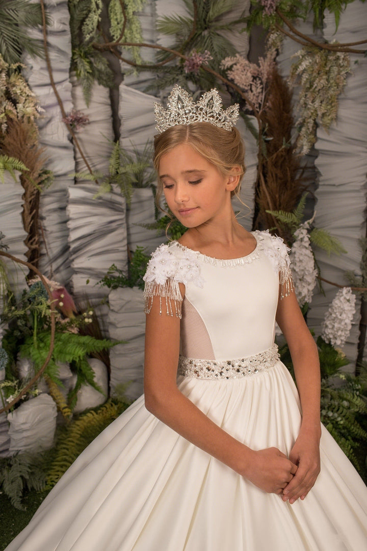 Sunnypetal Elegant Satin Ball Gown Flower Girl Dress with Sparkling Belt