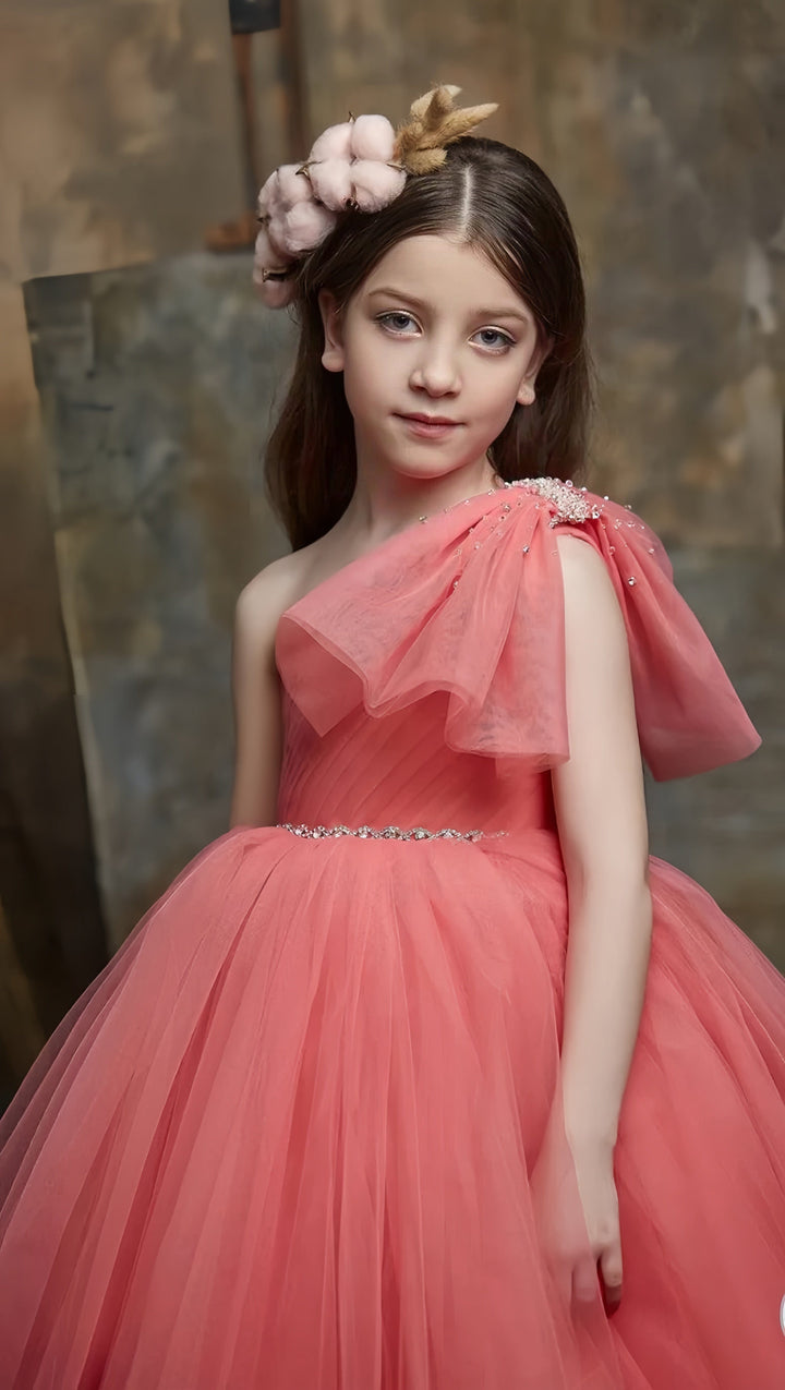 Sunnypetal Elegant Single Sleeve Bow Off-Shoulder Ball Gown Long Princess Flower Girl Dresses