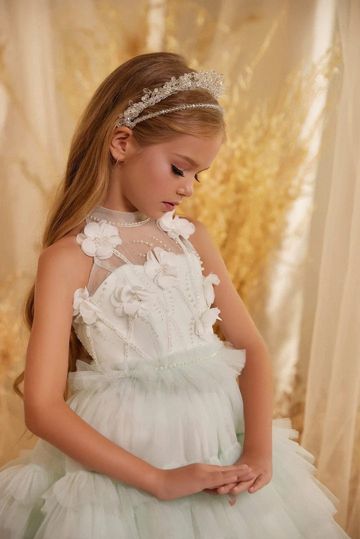 Sunnypetal Elegant Sleeveless High Neck Ruffled Ombre Flower Girl Dress with 3D Flowers