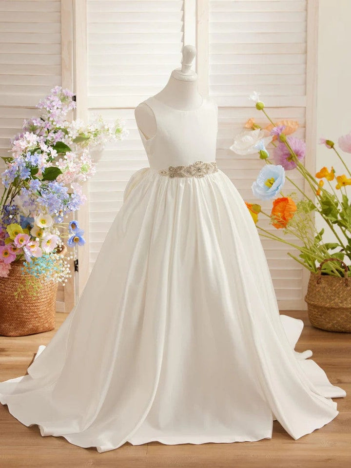 Sunnypetal Elegant Sleeveless Satin Flower Girl Dresses with Jeweled Belt
