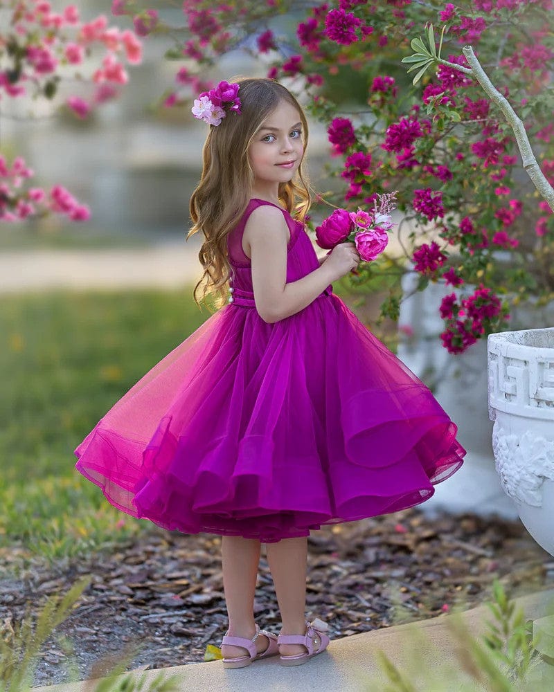 Sunnypetal Elegant Sleeveless Tulle Bows Princess Flower Girl Dress for Wedding