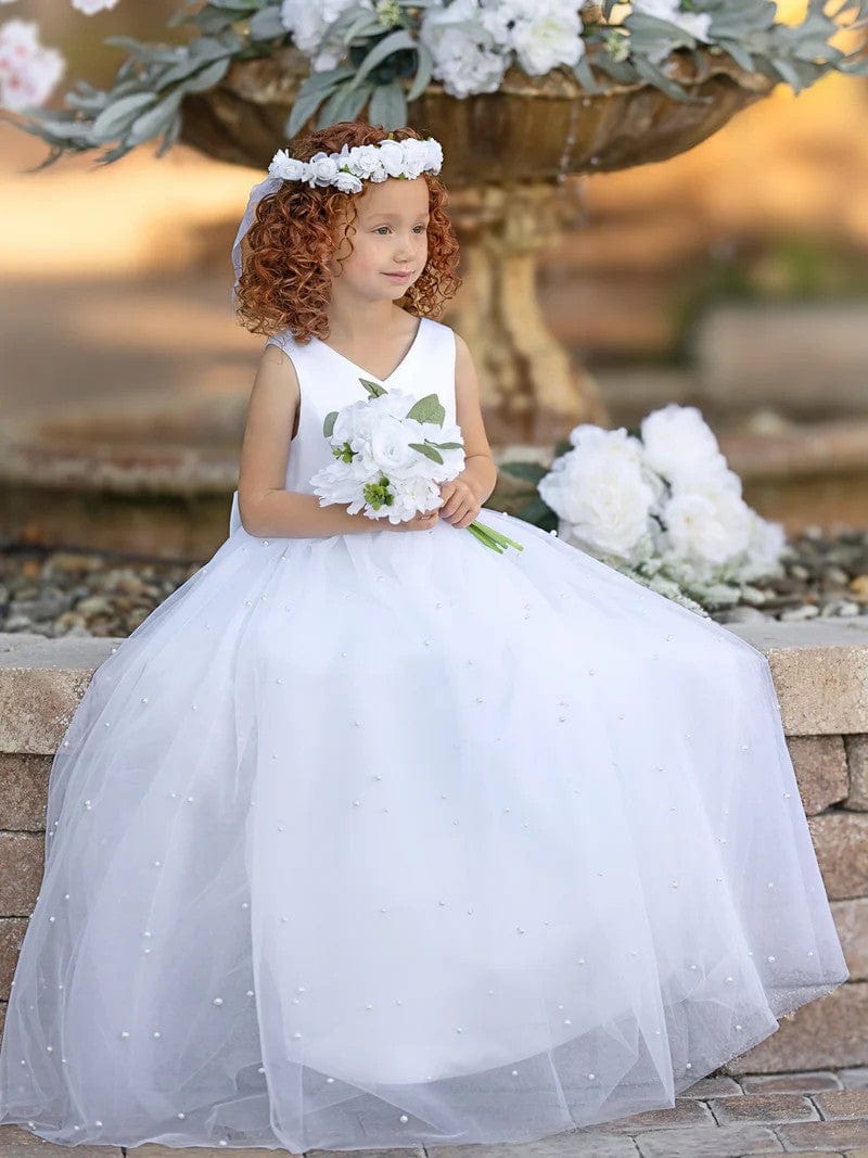 Sunnypetal Elegant V-Neck Satin/Tulle Princess Flower Girl Dress for Wedding Party