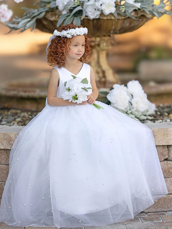 Sunnypetal Elegant V-Neck Satin/Tulle Princess Flower Girl Dress for Wedding Party