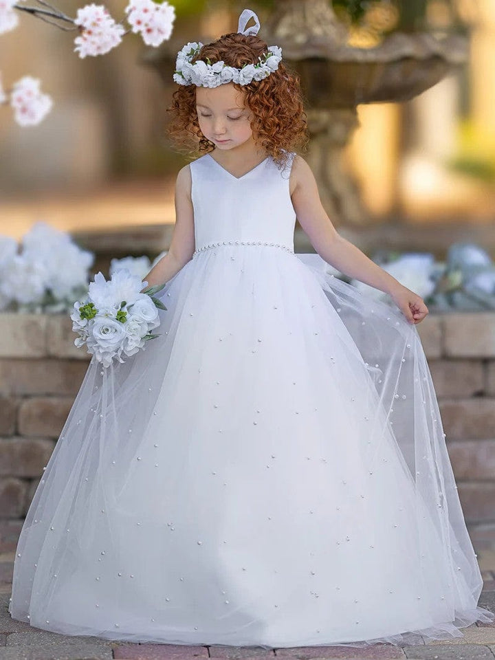 Sunnypetal Elegant V-Neck Satin/Tulle Princess Flower Girl Dress for Wedding Party