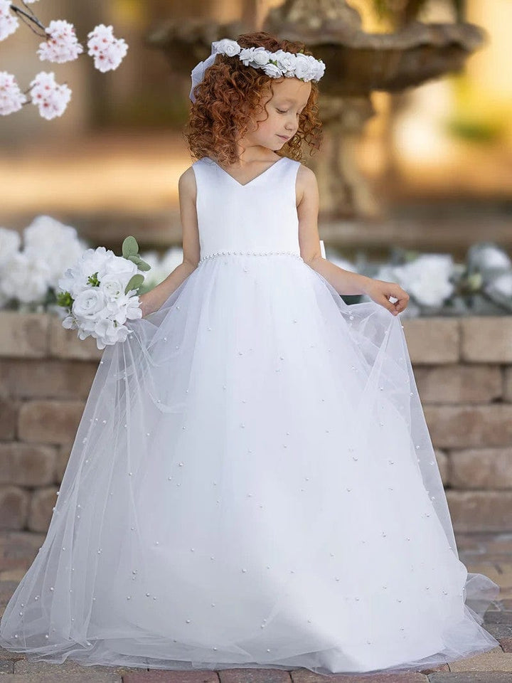 Sunnypetal Elegant V-Neck Satin/Tulle Princess Flower Girl Dress for Wedding Party