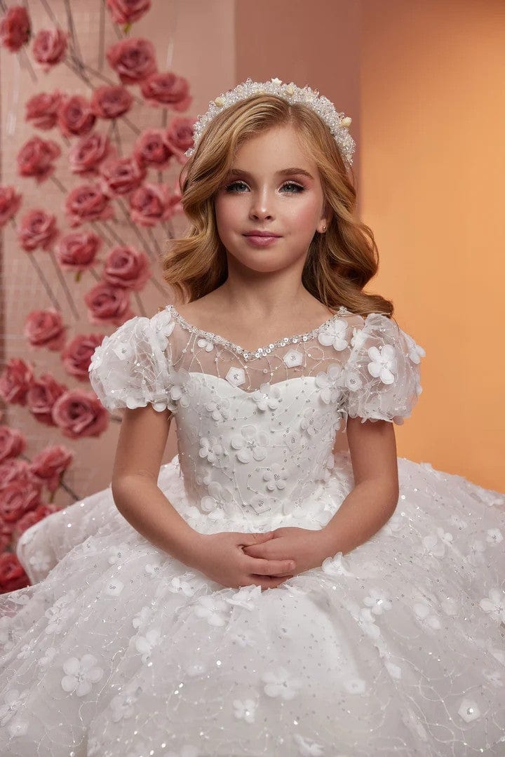 Sunnypetal Elegant White Flower-Embellished Flower Girl Dress with Sparkling Accents