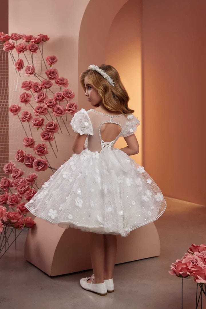 Sunnypetal Elegant White Flower-Embellished Flower Girl Dress with Sparkling Accents