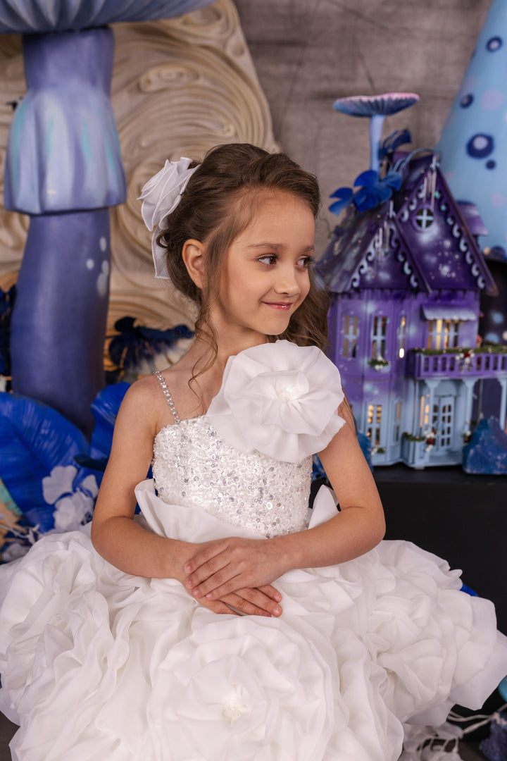 Sunnypetal Elegant White Rose-Lnspired Ruffle Flower Girl Dress