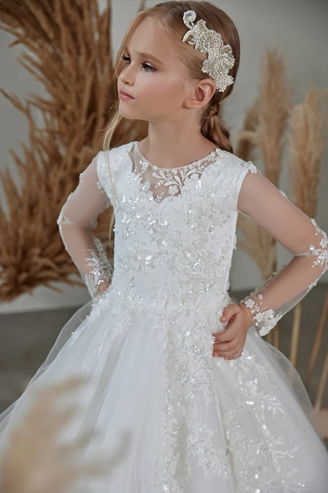 Sunnypetal Elegant White Tulle Flower Girl Dresses First Communion Gown with Sheer Sleeves