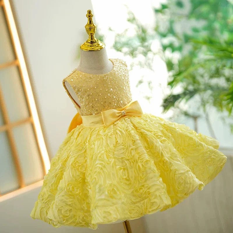 Sunnypetal Elegant Yellow Sequin Bow Short Birthday Flower Girl Dresses