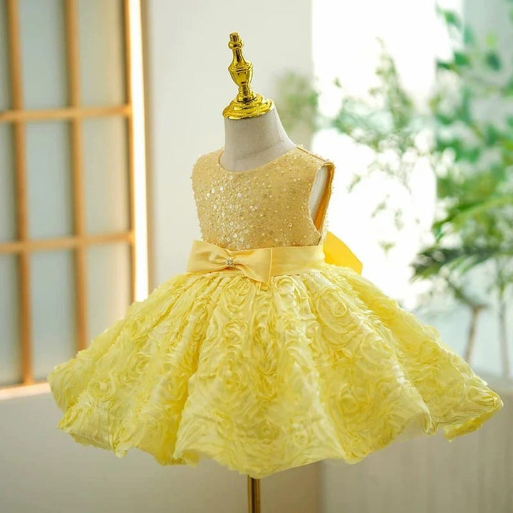 Sunnypetal Elegant Yellow Sequin Bow Short Birthday Flower Girl Dresses