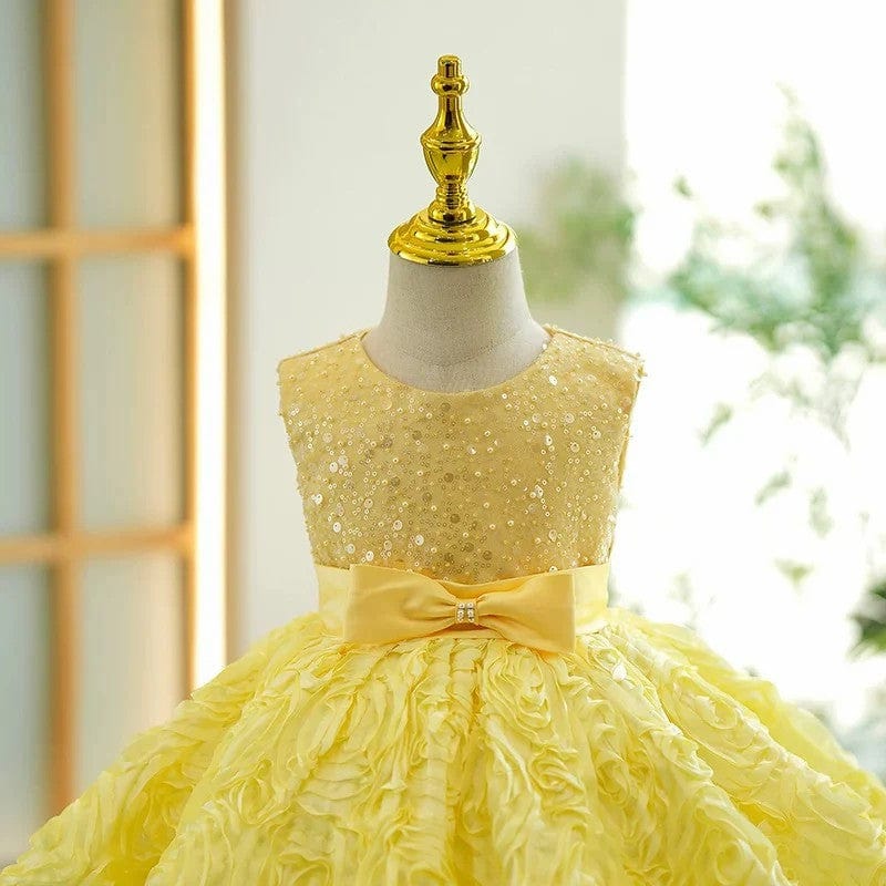 Sunnypetal Elegant Yellow Sequin Bow Short Birthday Flower Girl Dresses