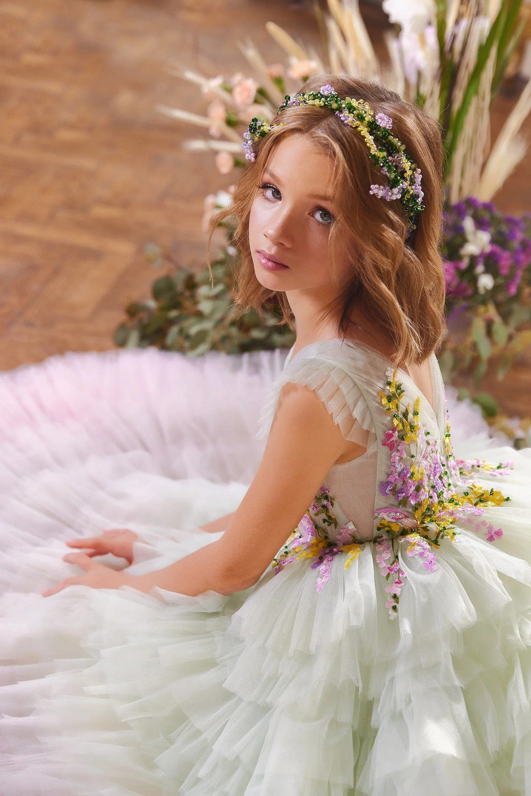 Sunnypetal Enchanted Blossom Floral Embroidery Ruffle Tulle Flower Girl Gown