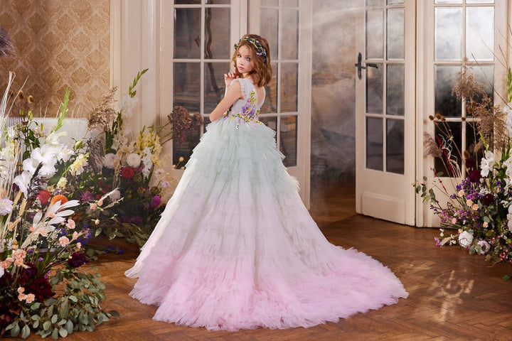 Sunnypetal Enchanted Blossom Floral Embroidery Ruffle Tulle Flower Girl Gown