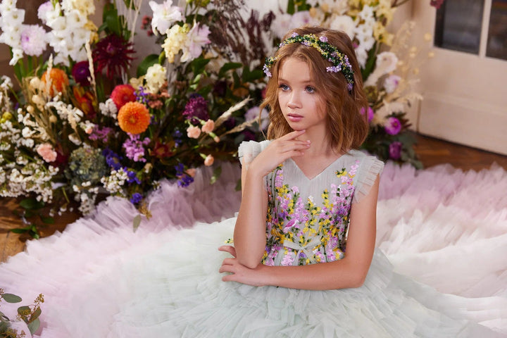 Sunnypetal Enchanted Blossom Floral Embroidery Ruffle Tulle Flower Girl Gown