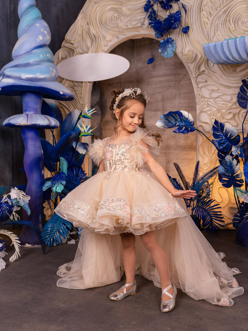 Sunnypetal Enchanted Champagne High-Low Tulle Flower Girl Gown with Feathered Shoulders
